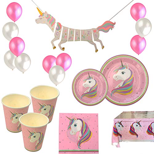 VARIOUS Vajilla Desechable Cumpleaños Unicornio Rosa,para 18 Personas,108 Piezas Incluye Platos, Vasos, Mantel, Servilletas,Guirnalda, Pajitas y Globos,Ideal para Niñas y Infantiles