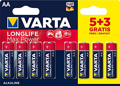 Varta 4706101428 Batería alcalina Long Life Max Power (Max Tech), estilo AA LR6, paquete de 5 + 3 baterías: el diseño puede variar, paquete de ahorro, promocional