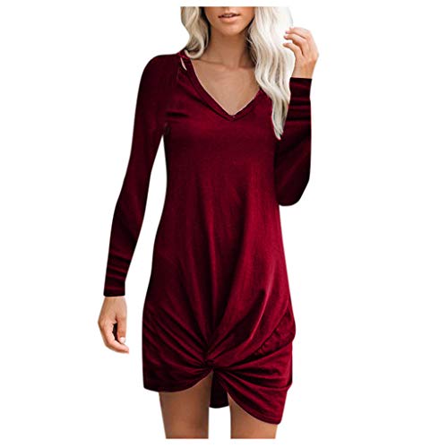 VEMOW Vestido Mujer Moda Casual Manga Larga Escotado por detrás Vendaje Encima Rodilla Vestir Partido Mini Vestir OtoñO Invierno(A Rojo,S)