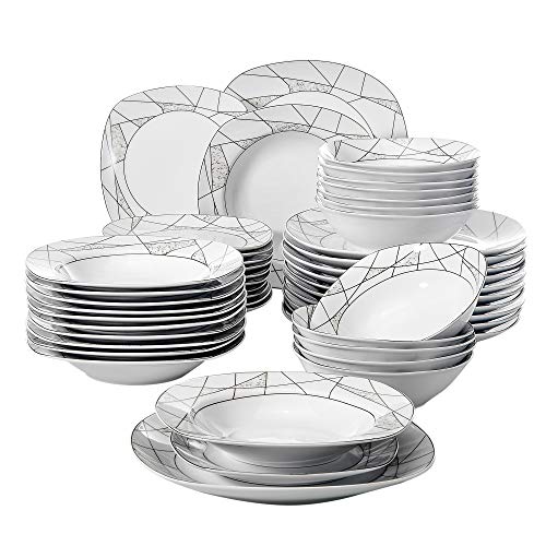 VEWEET Serena Juegos de 48 Piezas Vajillas de Porcelana con 12 Cuencos de Cereales, 12 Platos, 12 Platos de Postre y 12 Platos Hondos para 12 Personas