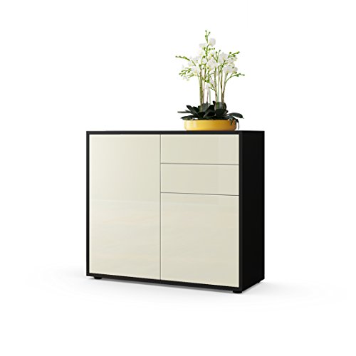 Vladon Cómoda Sideboard Ben, Cuerpo en Negro Mate/Frentes en Crema de Alto Brillo