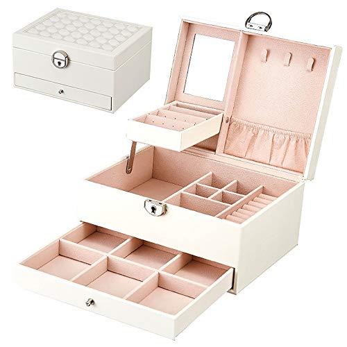 W-J-S Joyero para Niñas Organizador De Exhibición Soporte De Caja De Almacenamiento con Espejo De Bloqueo con Diseños Variables Ideal para Aretes Anillo Collares Pulseras Relojes(Color:Blanco)