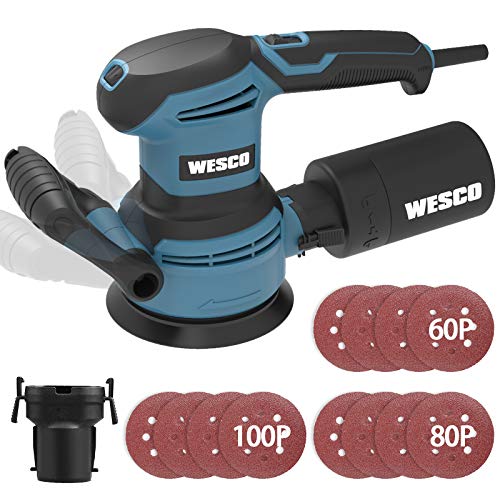 WESCO Lijadora rotativa de 400 W, lijadora con 12 piezas de papel de lija (grano 60, 80, 100), 6 velocidades variables, diámetro 125 mm, motor 12000 rpm con sistema de recogida de polvo, WS4265.1