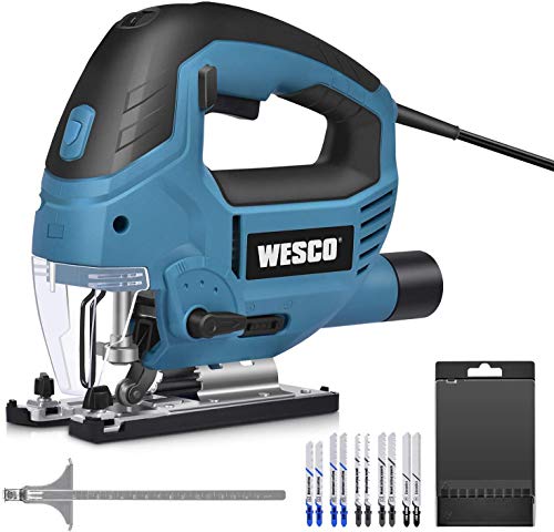 WESCO Sierra de Calar 850W 3000SPM Sierra Eléctrica Ángulo de Corte ± 45 ° Velocidad Ajustable (1-6) Péndulo Orbital de 4 Etapas, 10 Cuchillas, Cortar Metal, Madera, Aluminio, Cerámica WS3772-1