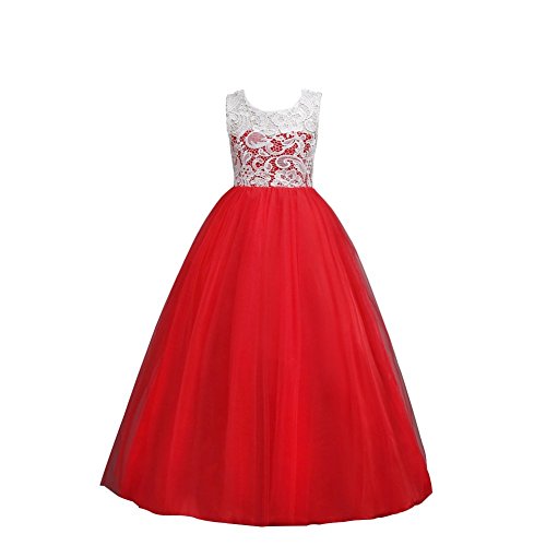 Wulide Niñas Niños Largo Vestido Gala Encaje Vestidos De Ceremonia Fiesta Elegantes Nena Boda Damas De Honor Coctel Navidad Vacaciones Noche Vestido De Princesa, Rojo, 170cm/15-16 Años