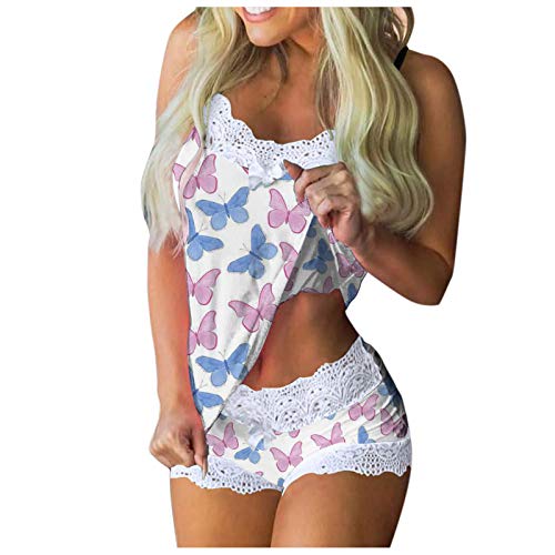 YANFANG 2 Pijamas para Mujer Conjuntos De Piezas Camisa sin Mangas + Pantalones Cortos Ropa Dormir Entero Sexy Mujeres Imprimir Sin Mangas Encaje Cami Shorts LenceríA Conjunto