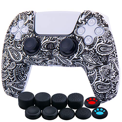 YoRHa Silicona Espesar Impresión Funda Piel Carcasas Cubierta para Sony PS5 Dualsense Mando x 1 (Hojas Blancas) con Agarres para el Pulgar x 10