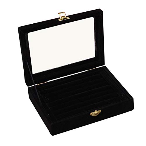 YOSEMITE Joyero de terciopelo para mujer, caja organizadora de joyería de gran capacidad, caja de almacenamiento para anillos, pendientes, bandeja de almacenamiento con tapa de cristal, color negro