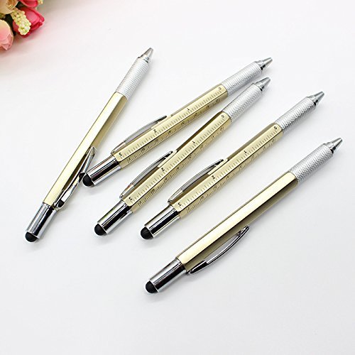 YouJi 5 Pcs Bolígrafo retráctil, Plumas para Diario a Granel Lápiz óptico para Pantalla Táctil Multi-Herramienta Negro Nuevo con Regla de Nivel Destornillador Lote