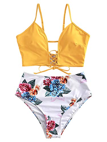 ZAFUL Bikini de cintura alta para mujer, diseño floral con hojas amarillo XXL