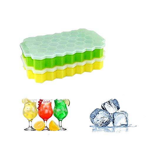 ZARRS Bandejas de Hielo,Silicona Cubetas de Cubitos de Hielo con Tapa 74 Piezas Cubo de Agua Ice Cube Tray para Cóctel de Alimentos para Bebés Whisky 2 Paquetes Verde+Amarillo