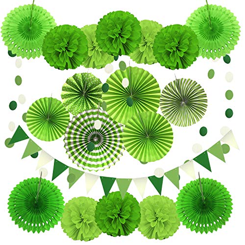 Zerodeco Decorazione di Festa, 21 Pezzi Ventilatori di Carta, Pompons, Bandierine Triangolare, Ghirlande per Decorazione Della Festa Nuziale Nozze Nidi Tatuaggi Nuziale Doccia Decorazione (Verde)