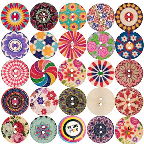 100PCS Botones de costura de madera impresos florales surtidos con patrón de estilo retro de color mixto Botones redondos hechos mano vintage para manualidades de bricolaje Manual 20mm 2 agujeros