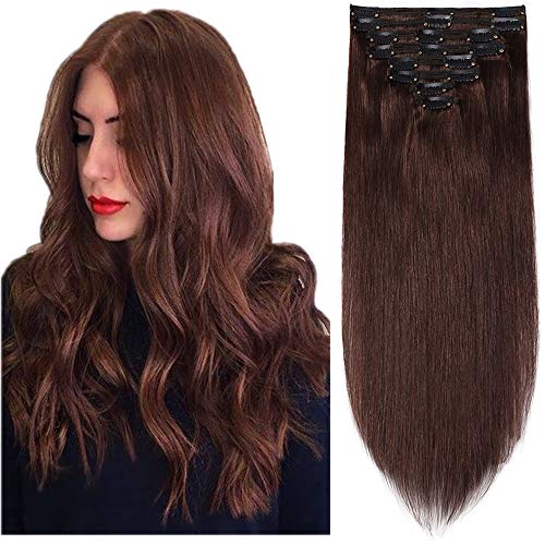 14"(35cm) Extensiones de Cabello Natural Clip Double Weft(Muy Gruesas) #4 Castaño Medio Pelo Natural Humano 100% Remy 8 Piezas 18 Clips Liso Corto Postizos Pelucas (120g)