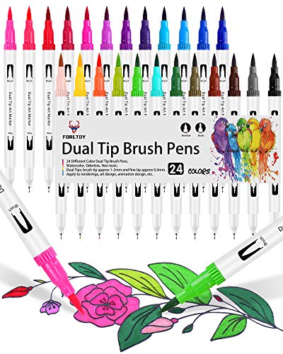 24 Colores con Rotuladores Doble Punta Pincel, Rotuladores Acuarelables Marcadores para Adultos Lettering, Bullet Journal, Caligrafía, Libros para Colorear, Punta Pincel [1-2 mm] y Punta Fina[0.4 mm]