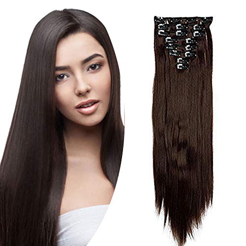 26"(66cm) Extensiones de Cabello Clip [8 Piezas 18 Clips] [Castaño Chocolate] Pelo Sintético Se Ve Natural Liso Largo Postizos Pelucas para Mujer (140g)