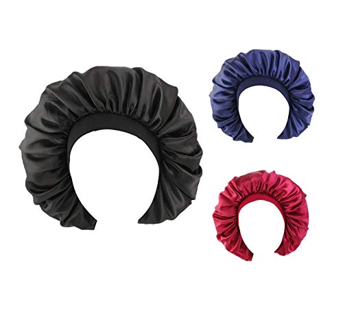 3 Pcs Gorro de Dormir de Noche de Satén Elástico Sombrero con Banda Ancha para Mujer Turbante Beanie Headwrap Gorros de Quimioterapia,Negro&Azul marino&Rojo