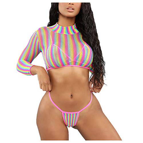 3PC Bañadores Mujer Sexy Bikini Tanga y Camiseta Manga Larga Top Corto Mallas Transparente Bañador Playa Verano Bra Swimwear Beachwear See Through Ajustado Yvelands(Rosado,M)