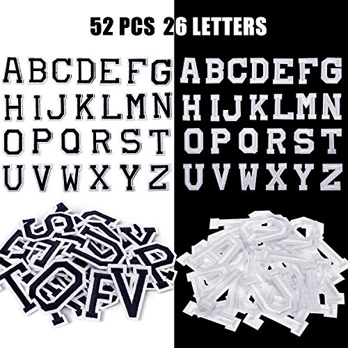 52 Piezas Parche de Planchar en Letras Apliques de Alfabetos de Costura con Letra Adhesiva Planchada Parche Decorativa de Reparación Bordado de A-Z para Zapatos Sombrero Bolsa Ropa (Negro y Blanco)