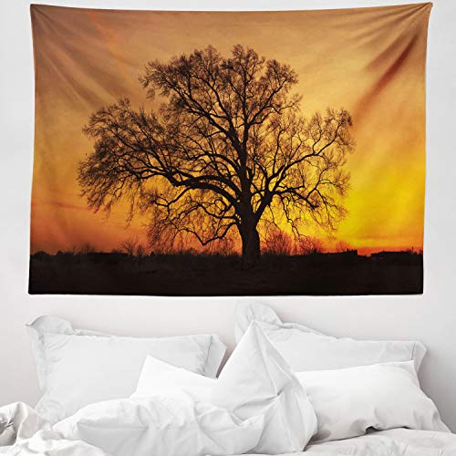 ABAKUHAUS Árbol Tapiz de Pared y Cubrecama Suave, Roble en el Atardecer Horizonte Rayos Dorados del Sol Naturaleza Campestre Rural, Lavable Colores No Destiñen, 150 x 110 cm, Naranja