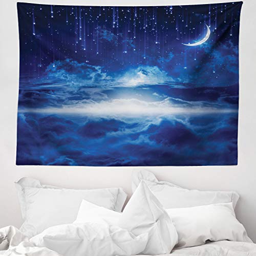 ABAKUHAUS Azul Blanco Tapiz de Pared y Cubrecama Suave, Cielo Nocturno Luna Estrellas, Decoración para el Cuarto, 150 x 110 cm, Azul Marino y Blanco