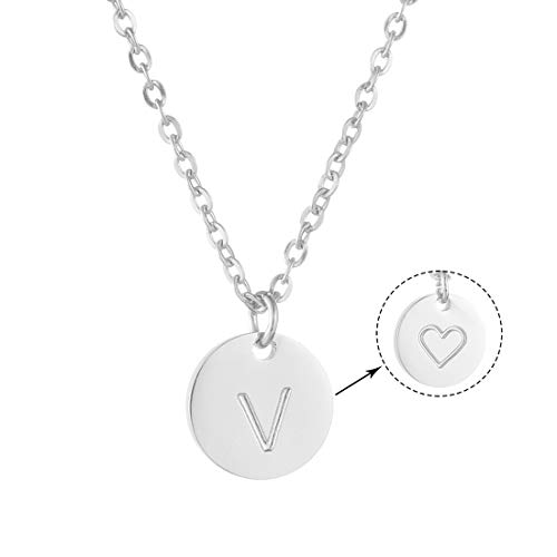 AFSTALR Colgantes Iniciales Mujer Plata Collar Letras V con Corazón Nombre Redondo Personalizado Letras Joyería Regalo de Cumpleaños