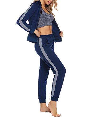 Aibrou Chándal de Mujer Cierre de Cremallera Top de vellón y pantalón de chándal Twinset Manga Larga Sólido Deportes Correr Gimnasio Conjunto （ Azul Oscuro ， M ）