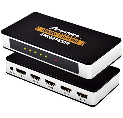 AMANKA HDMI Splitter Divisor de HDMI 1 Entrada 4 Salidas de Conmutación Inteligente U HD 4k con Fuente de Alimentación EU Plug DC - 3D Amplificador Activo para Poder HDTV PC PS3 Xbox Sky Box STB HDCP