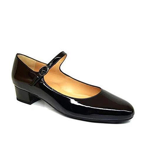 AMERCE - Bailarinas Mary Jane Negras de Vestir para Mujer en Piel con Tacon Bajo de 2 cm - Hechos en España - Cierre Hebilla - Moda Tendencia Zapatos Planos Casual - Charol Negro - Negro 38 EU