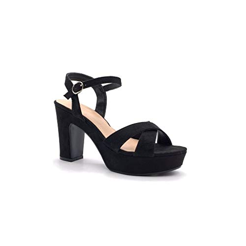 Angkorly - Zapatillas Moda Sandalias Alpargata Correa de Tobillo comode Matrimonio Ceremonia Mujer Correas Cruzadas básica  Tacón Ancho Alto 10 CM - Negro 3 88-290 T 40