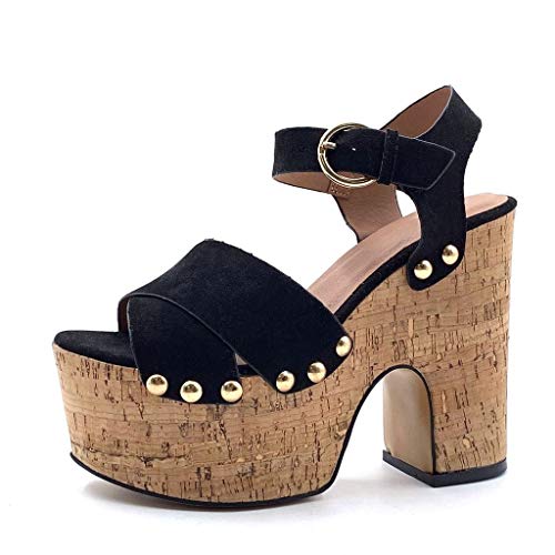 Angkorly - Zapatillas Moda Sandalias Mula Abierto Gran Plataforma comode Mujer Tachonado Correas Cruzadas Tacón Ancho Alto 13.5 CM - Negro Oro b W019-6 T 39