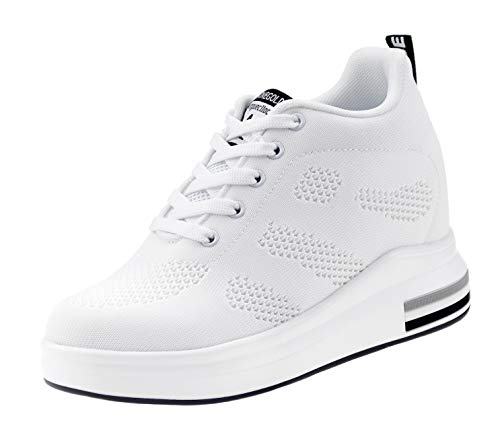 AONEGOLD® Zapatillas de Deporte Transpirables Zapatillas de Cuña para Mujer Alta Talón Plataforma 8cm Sneakers(Blanco,35 EU)