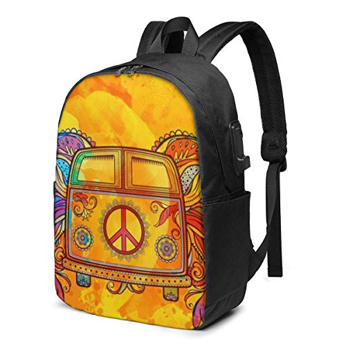 AOOEDM - Mochila Ligera de Viaje con Estampado de Signo de la Paz y Coche Antiguo con Puerto de Carga USB y Puerto para Auriculares