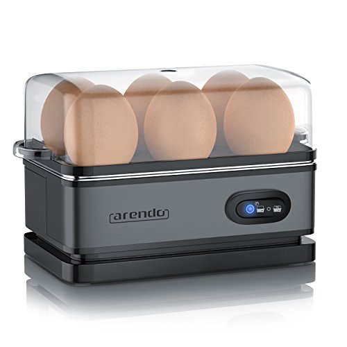 arendo - Cocedor de Huevos eléctrico con función de Mantenimiento de Temperatura -De 1 a 6 Huevos - Libre elección de dureza - Acero Inoxidable Cepillado - Color Gris frío