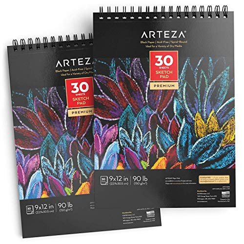 Arteza Bloc de dibujo de papel negro | 22,9x30,5 cm | 150 gsm | Set de 2 | 60 hojas negras x 2 | Encuadernación en espiral | Para usar con lápices de colores, pastel, óleo, gel, tiza y tinta