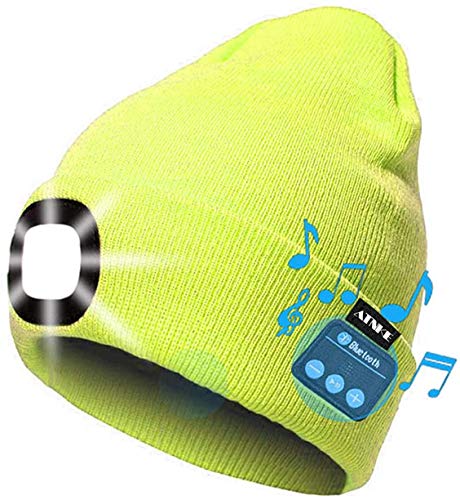 ATNKE LED Iluminado Bluetooth Beanie Cap, USB Recargable inalámbrico Musical Running Hat Ultra Brillante 4 LED Lámpara de luz Impermeable Uso para Esquiar Senderismo (Amarillo Fluorescente)