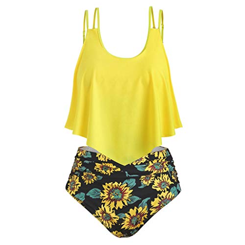 Bañador para Mujer con Tirantes Cruzados Bikini,Bikinis Mujer Push Up Retro Conjunto de Traje de BañO Estampado Girasol Bohemio BañAdores Gran tamaño Volantes Dividido BañAdores riou