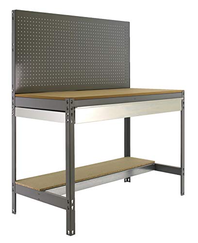 Banco de trabajo BT2 con cajón Simonwork Gris/Madera Simonrack 1445x910x610 mms - Banco de trabajo con panel - mesa de bricolaje 400 Kgs de capacidad por estante