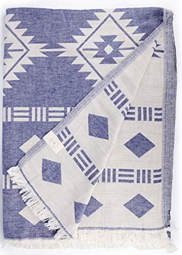 Bersuse 100% Algodón - Belize XXL Manta Toalla Turca - Multiusos Colcha de Cama, Funda de Sofa - Fouta para Baño y Playa, Diseño Azteca, Doble Capa - Oeko-Tex - 190 x 230 cm, Azul Oscuro