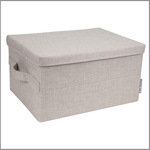 Bigso Box of Sweden Caja de almacenamiento de tamaño mediano con tapa y asa, de poliéster y cartón con aspecto de lino, plegable, para ropa, ropa de cama, juguetes, etc., color beige