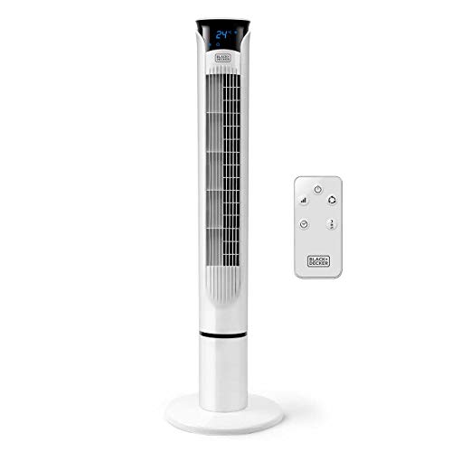 Black+Decker – BXEFT49E Ventilador de torre digital oscilante con mando a distancia extra alto 102 cm y silencioso, 3 velocidades, Temporizador 12h, Temperatura ambiente, Blanco