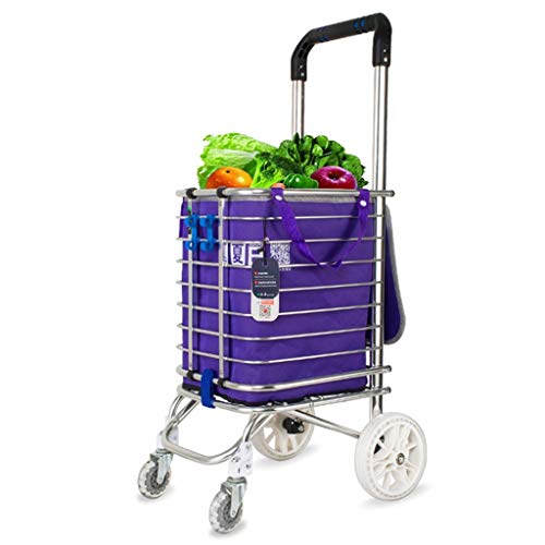 Carritos de la compra Plegable de Cuatro Ruedas, Carro de Aluminio Plano La Cesta Plegable de Gran Capacidad de 35L Puede soportar una Rueda silenciosa de 40 kg, supermercado de Color Morado