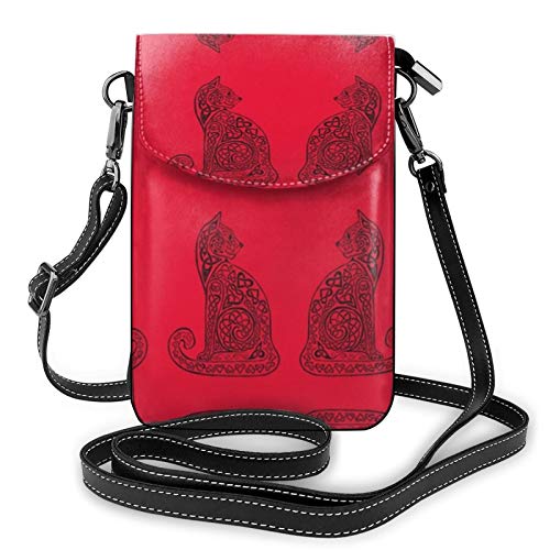 Celtic Cat Black On Red Ladies Wallet Mobile Phone Bag Mini Shoulder Bag with Shoulder Strap Coin Purse Card Holder