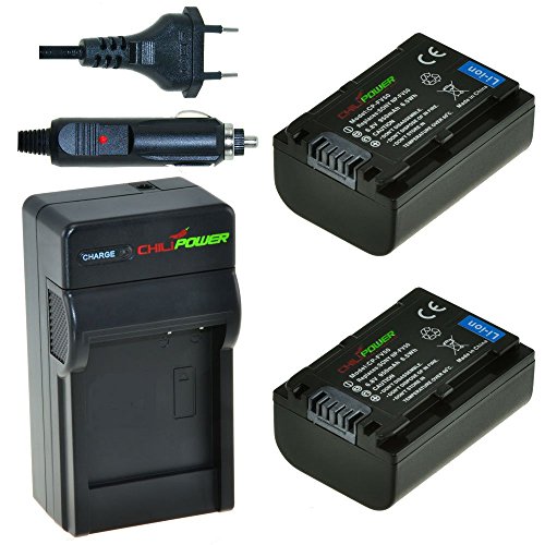 Chili Power de NP-FV50, NP-F760, de FV30, FV40 KIT: 2 x Batería + Cargador para Sony DCR-SR15E SR15 de > DCR-SR88, SX15 de > SX85, FDR PT-AX100, HDR de CX130 de > CX900, HC9, PJ10 de > PJ810, TD30 V, XR150 de > XR550 V, HXR-NX30U, NX70U