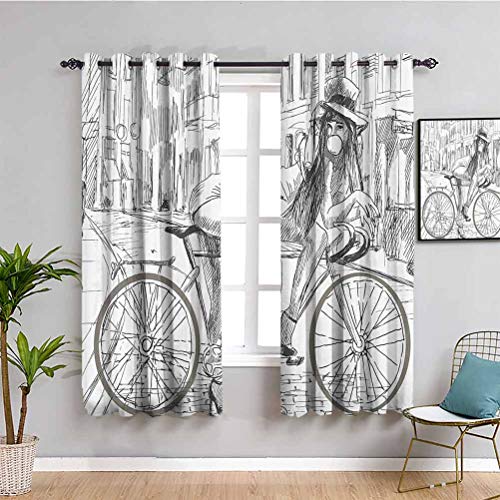Colección de decoración de bicicletas Cortina oscurecida sexy joven señora masticar goma en su bicicleta en la calle ilustración bosquejo fácil de limpiar gris blanco 150 cm de ancho x 45 cm de largo