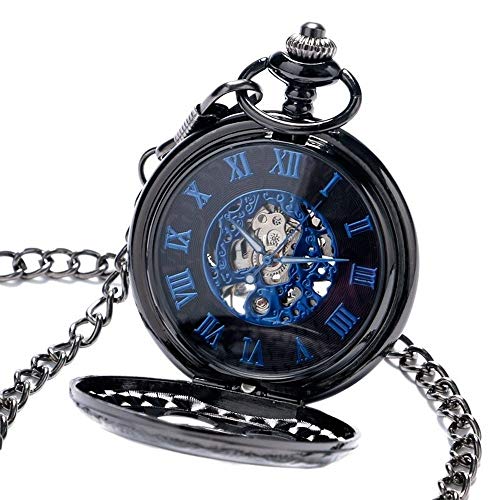 COlife Reloj de Bolsillo Los Hombres De Acero De Tungsteno Y Azul Cara del Reloj Mecánico Retro De La Manera De Mujeres Pistola Negro Pétalo Voltear Hueco del Reloj De Bolsillo