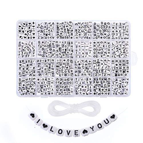 Cuentas de Letras para Pulseras Abalorios Letras Cuentas Redondas Letras Cuentas Alfabeto Letras cuadradas Letras de Cubo para Pulseras DIY Manualidades (1250 Blanco)