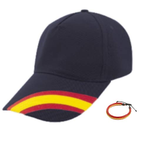 Desconocida Gorra Azul Marino Bandera de España Regulable Incluye Pulsera Bandera España Hombre Mujer Accesorio Deportivo pádel, Golf, Tenis.