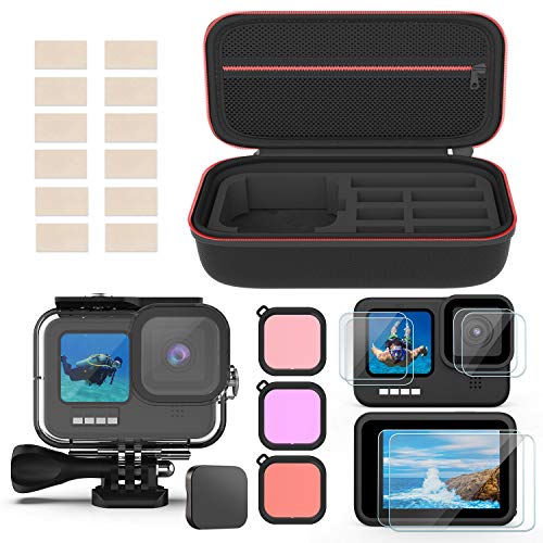 Deyard Set de Accesorios para GoPro Hero 9, Bolsa Pequeña a Prueba de Golpes + Carcasa Impermeable + Protector de Pantalla de Vidrio Templado para GoPro Hero 9