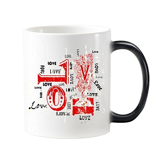 DIYthinker Rojo El Día De San Valentín Y Negro Palabra Clave Imagen Amor Ilustrado Modelo Morphing Sensible Al Calor Taza Cambiante del Color Taza De La Leche del Café con Asas 350 Ml